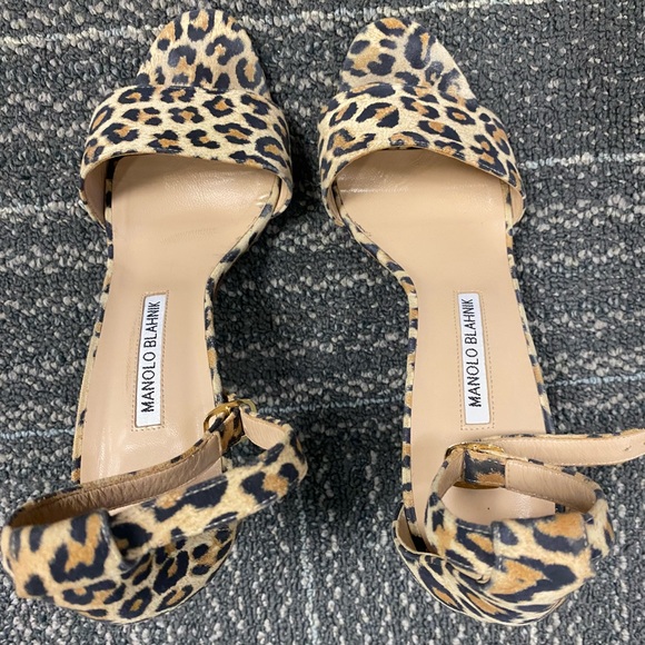 Manolo Blahnik Chaos Suede Leopard Print High Heel Sandals Size 38.5 - Picture 3 of 7